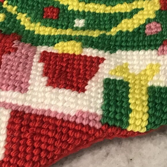 Handmade Needlepoint Christmas Stocking Tree Candy Canes Gifts Red Felt 18 Inch - Picture 3 of 7